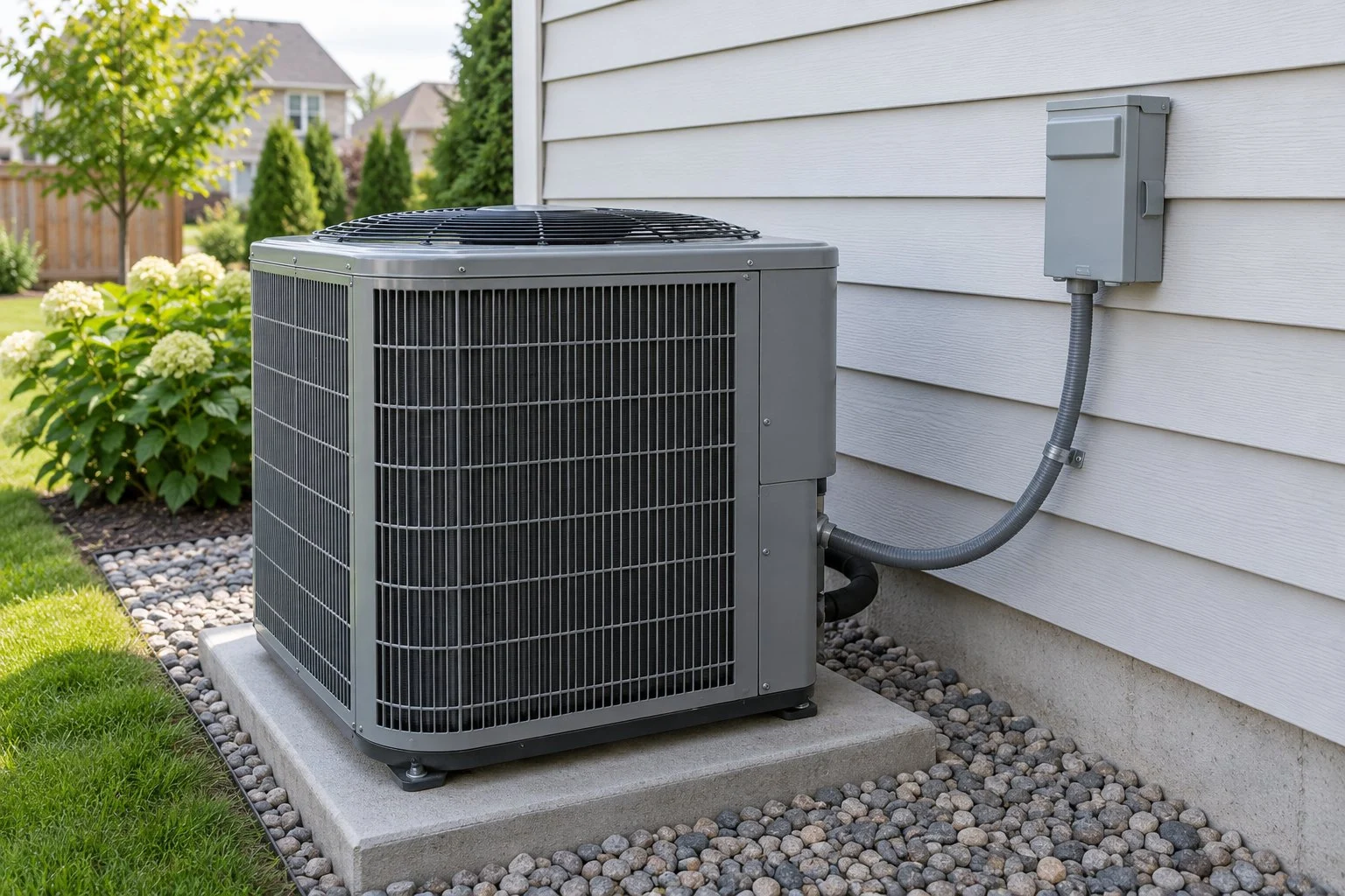 Outdoor air-conditioning condenser connected to an electrical disconnect and conduit